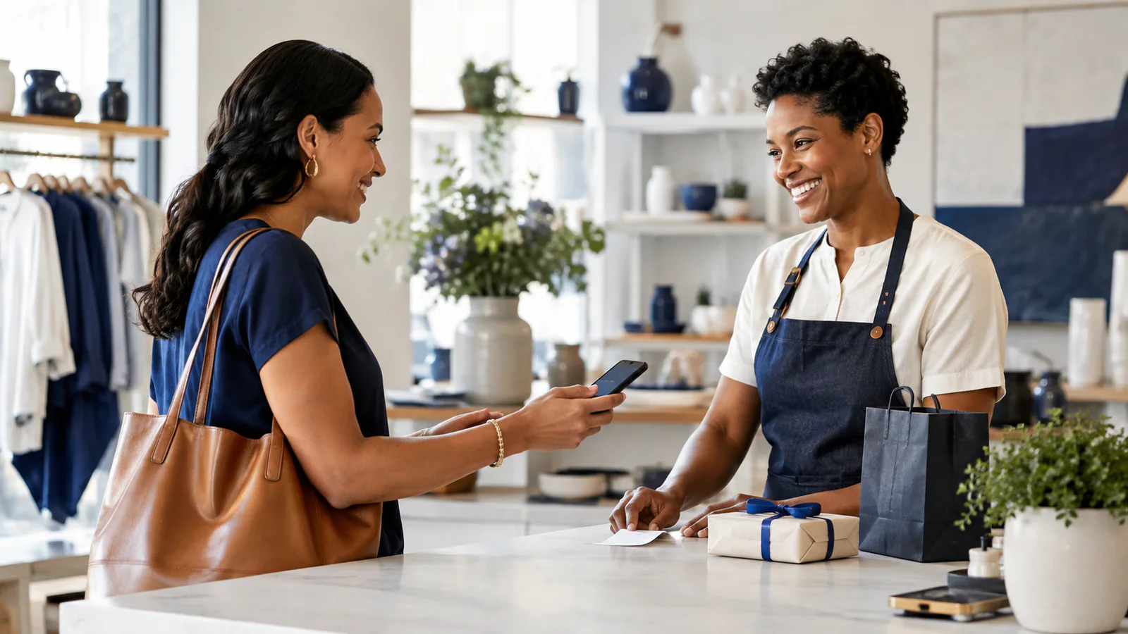 A returning customer using a loyalty benefit at a local shop