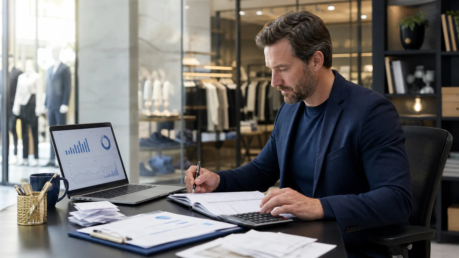 A retail owner reviewing accounts generated from daily sales