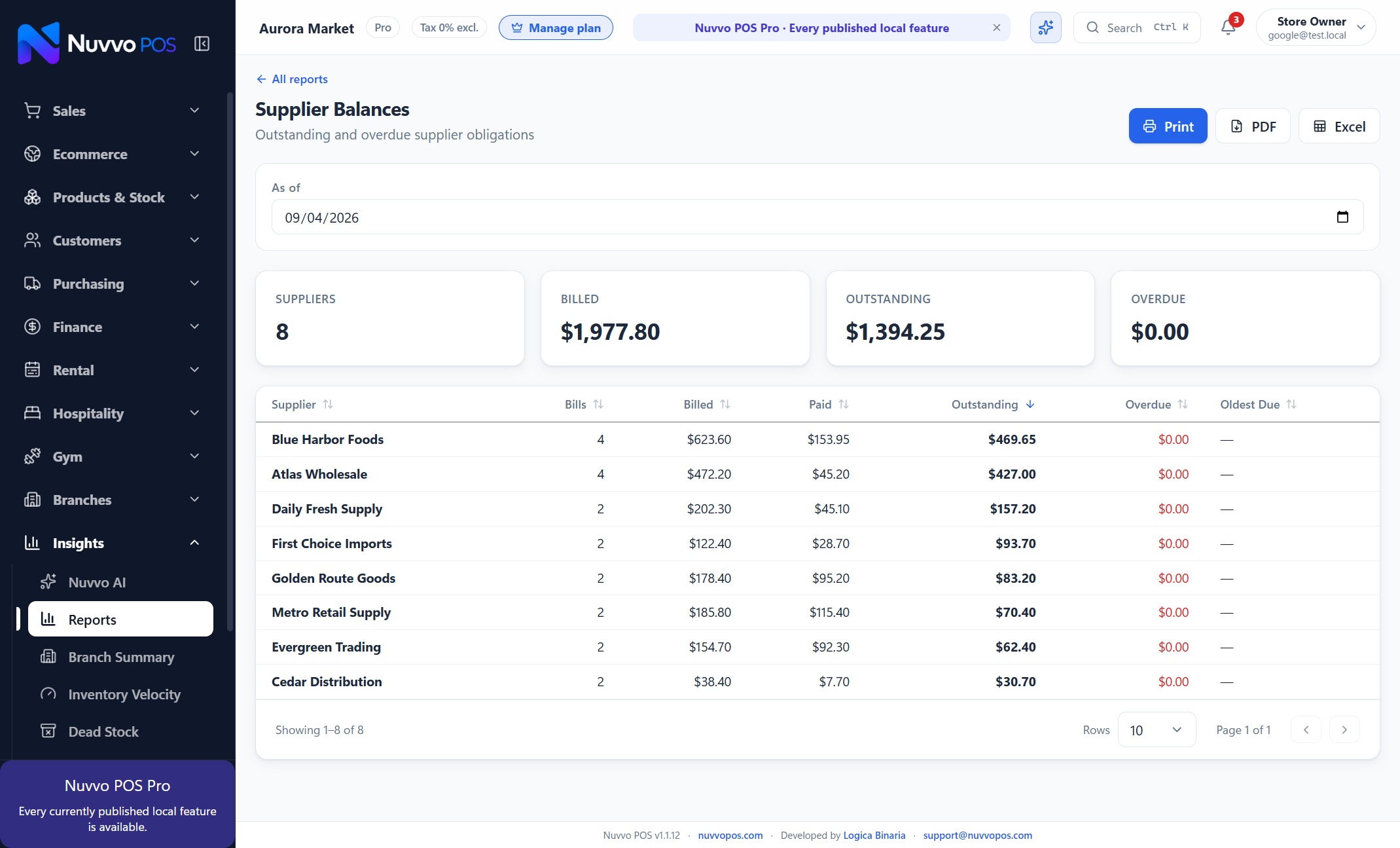 Report — Supplier Balances